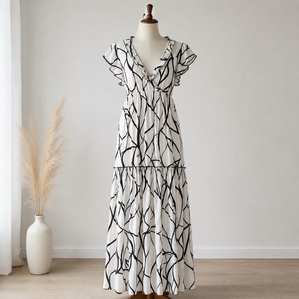 Jenny Boston Ruffle Maxi Dress Small White Black Abstract V-Neck Flared Sleeve
